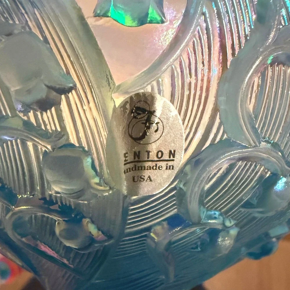 Fenton Lily of the Valley Blue Opalescent Moon Glass Lidded Candy Dish Vintage